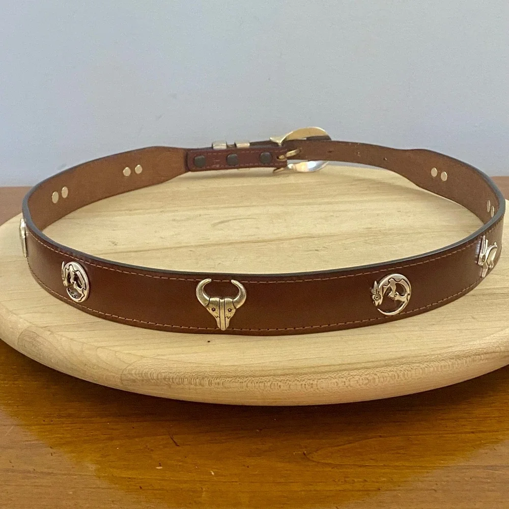 Appaloosa Leather Goods Durango Brown Leather Concho Animal Belt Sz 36 Handmade